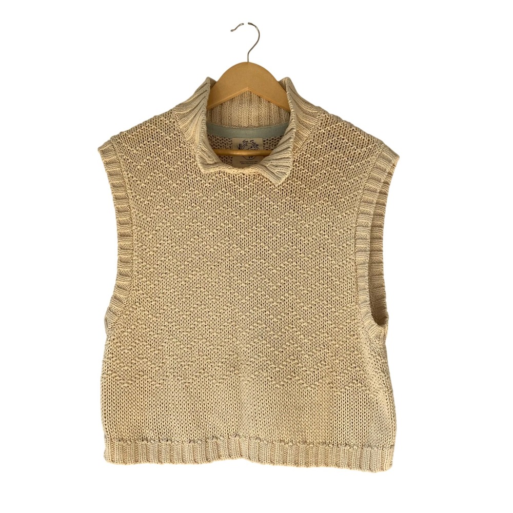 We The Free Free People Cream Chunky Diamond Knit Split Mock Neck Vest LG